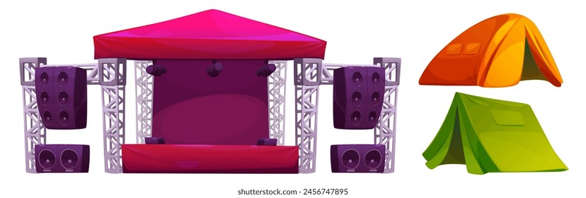 Outdoor music festival stage for performance in park. Open air public summer event. Live rock band party furniture set with camp tent. Travel fest celebration in garden area with amplifier for fan