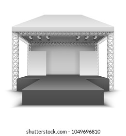 Outdoor music festival stage. Rock concert scene with spotlights isolated vector illustration. Festival stage outdoor, concert and performance event