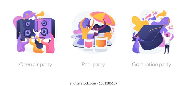 Outdoor music festival, tropical summer recreation, school graduation celebration icons set. Open air party, pool party, prom party metaphors. Vector isolated concept metaphor illustrations