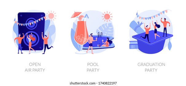 Outdoor music festival, tropical summer recreation, school graduation celebration icons set. Open air party, pool party, prom party metaphors. Vector isolated concept metaphor illustrations