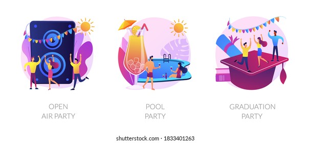 Outdoor music festival, tropical summer recreation, school graduation celebration icons set. Open air party, pool party, prom party metaphors. Vector isolated concept metaphor illustrations