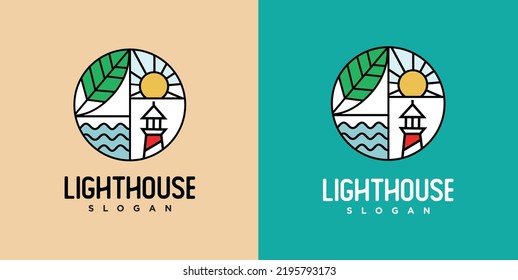 Outdoor nature logo adventure wildlife leaves and sun design with lighthouse 