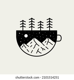 Outdoor nature mountains design in cup glass frame in mono line art ,badge patch pin graphic illustration, vector art t-shirt design