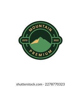 outdoor nature panoramic mountain peak high hill hiking circle badge modern logo design vector