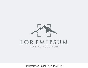 Outdoor Nature Photography Photographer logo. Mountain Landscape with Focus Square Lens Frame for Adventure Outdoor Nature Photographer icon vector design template