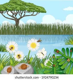 Outdoor nature scene with flowers and many insects illustration