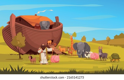 Outdoor nature scene with wild animals entering into noah ark flat vector illustration