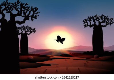 Outdoor nature silhouette sunset scene illustration