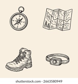 Conjunto de iconos de navegación y trekking al aire libre que muestra una brújula magnética, mapa plegado, bota de senderismo resistente y faro elástico.