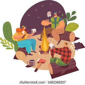 Outdoor night party with bonfire, male and female characters backpackers, travel and trip vector illustration, isolated on white background. Exploring the world and camping concept. Flat style.