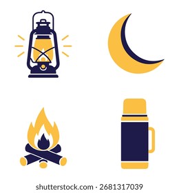 Wesentliche Outdoor- und Nachtaktivitäten: eine glühende Laterne, ein Halbmond, ein warmes Lagerfeuer und eine praktische Thermoskanne.