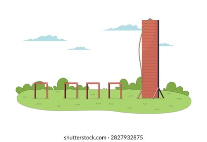 Outdoor obstacle course training 2D vector illustration. Climbing wall and rope. Fitness equipment on grassy field for military flat empty scene isolated on white background. Colorful cartoon image