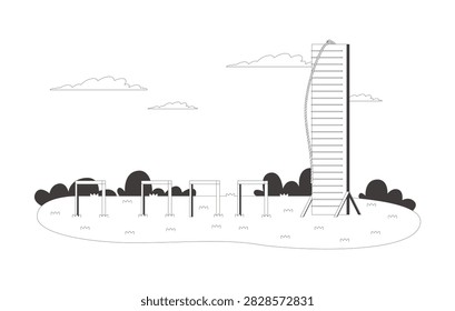 Outdoor obstacle course training flat line illustration. Climbing wall and rope. Fitness equipment on grassy field for military 2D outline empty scene isolated. Black and white cartoon vector image