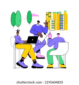 Ilustraciones de vectores de dibujos animados aislados en oficinas exteriores. Grupo de colegas diversos trabajando al aire libre, discutiendo estrategia de negocios, oficina inteligente en la naturaleza, cartografía vectorial moderna en el lugar de trabajo.