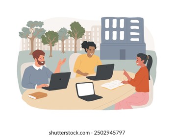 Outdoor office isolated cartoon vector illustrations. Group of diverse colleagues working outdoors, discussing business strategy, smart office in nature, modern workplace vector cartoon.