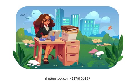 Outdoor office with woman working on laptop at table on lawn. Summer landscape with green grass, city, girl sitting at desk with notebook and paperwork, vector cartoon illustration