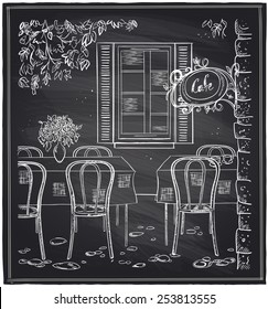 Outdoor old cafe chalk sketch on a blackboard.
