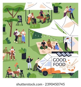 Outdoor open-air festival with street food trucks, tents. Tiny people relaxing in nature, at public picnic in park, relaxing on grass. Characters at summer holiday fest. Flat vector illustration
