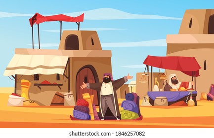 Outdoor oriental bazaar with hookahs pottery handmade eastern  at arab town background cartoon vector illustration