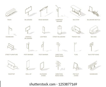 Outdoor Out-of-home Advertising Media Icons Set. Isometric Contour Line One Color.