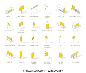 Outdoor Out-of-home Advertising Media Icons Set. Isometric Contour Line And Yellow Color.