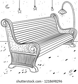 outdoor painted bench with lantern on the white background