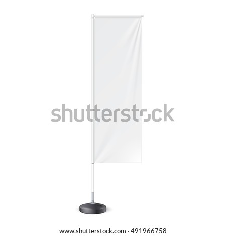 Outdoor Panel Flag With Ground Fillable Water Base, Stander Banner Shield. Mock Up, Template. Illustration Isolated On White Background. Ready For Your Design. Product Advertising. Vector.