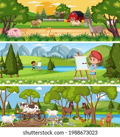 Outdoor panorama landscape scene set with cartoon character illustration