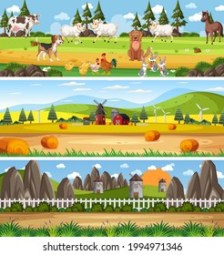 Outdoor panorama landscape scene set with cartoon character illustration