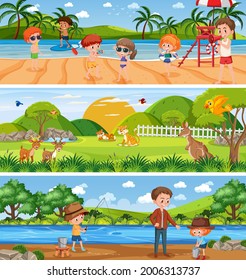 Outdoor panorama landscape scene set with cartoon character illustration