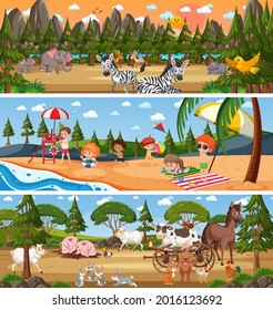 Outdoor panorama landscape scene set with cartoon character illustration