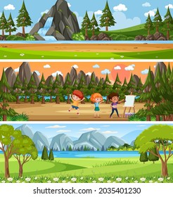Outdoor panorama landscape scene set with cartoon character illustration