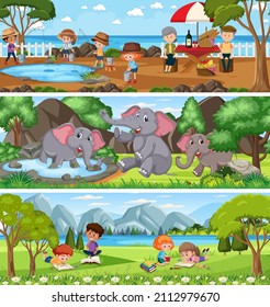 Outdoor panorama landscape scene set with cartoon character illustration