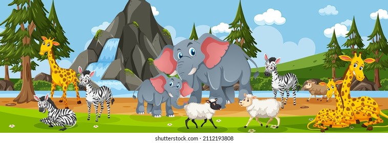 Outdoor panorama scene with wild animals illustration