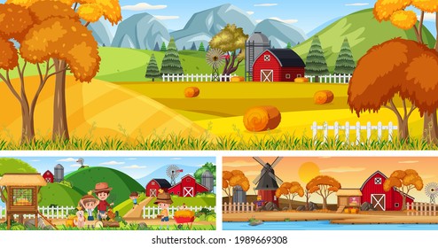 Outdoor panoramic landscape scenes set with cartoon character illustration
