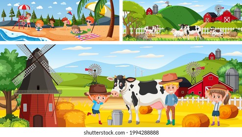 Outdoor panoramic landscape scenes set with cartoon character illustration