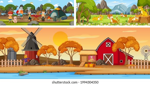 Outdoor panoramic landscape scenes set with cartoon character illustration