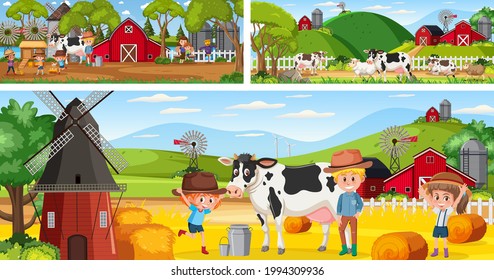 Outdoor panoramic landscape scenes set with cartoon character illustration