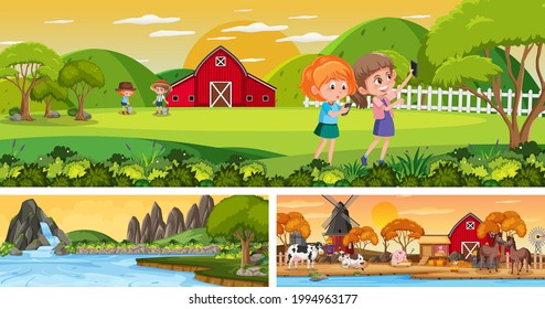 Outdoor panoramic landscape scenes set with cartoon character illustration