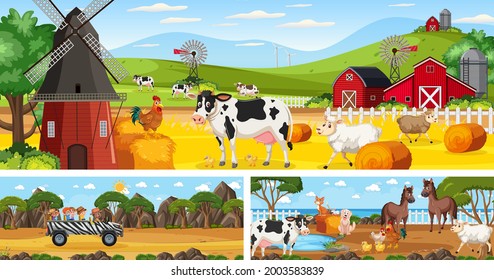 Outdoor panoramic landscape scenes set with cartoon character illustration