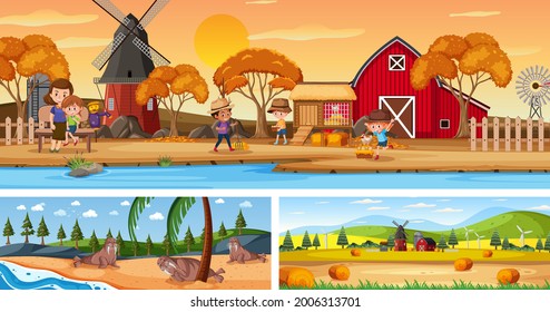 Outdoor panoramic landscape scenes set with cartoon character illustration