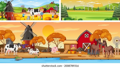 Outdoor panoramic landscape scenes set with cartoon character illustration