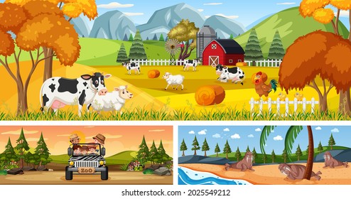 Outdoor panoramic landscape scenes set with cartoon character illustration