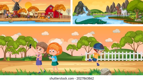 Outdoor panoramic landscape scenes set with cartoon character illustration
