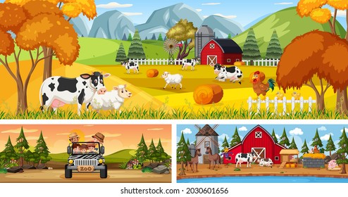 Outdoor panoramic landscape scenes set with cartoon character illustration