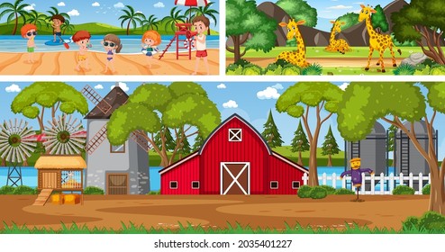 Outdoor panoramic landscape scenes set with cartoon character illustration