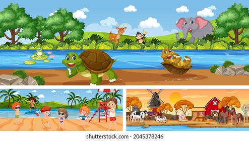 Outdoor panoramic landscape scenes set with cartoon character illustration