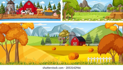Outdoor panoramic landscape scenes set with cartoon character illustration