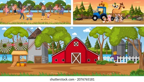 Outdoor panoramic landscape scenes set with cartoon character illustration