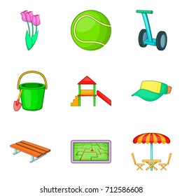 Outdoor park activities icon set. Cartoon set of 9 outdoor park activities vector icons for web design isolated on white background